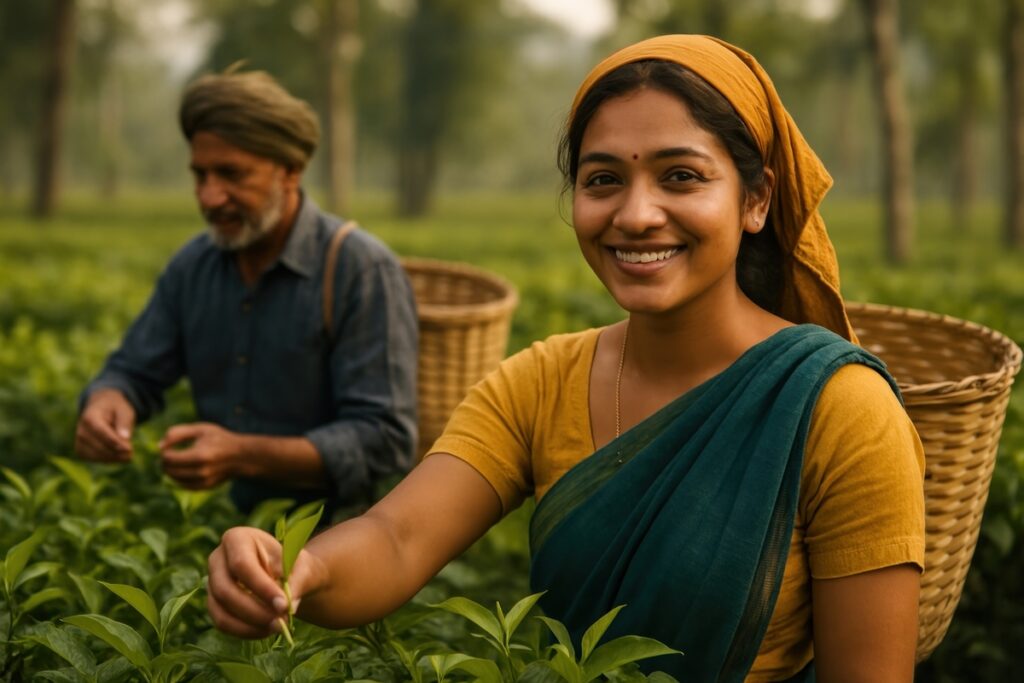 Smiling farmers harvesting tea leaves.